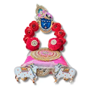 Handmade Shrinathji & Kamdhenu Cow Singhasan with Velvet Rose Arch & Side Bolsters for Laddu Gopal Ji