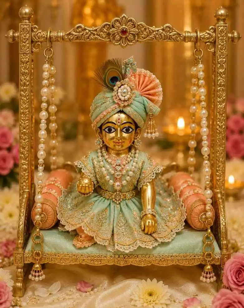 Handcrafted Wooden and Brass Laddu Gopal Jhula Swings