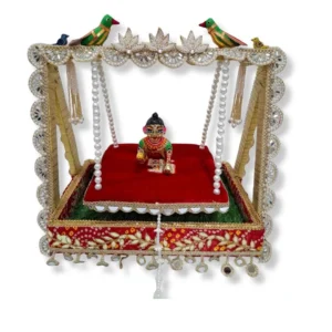 Wooden Jhula with Pearl Chains, Lotus Crown Arch & Bandhani Base for Laddu Gopal Ji