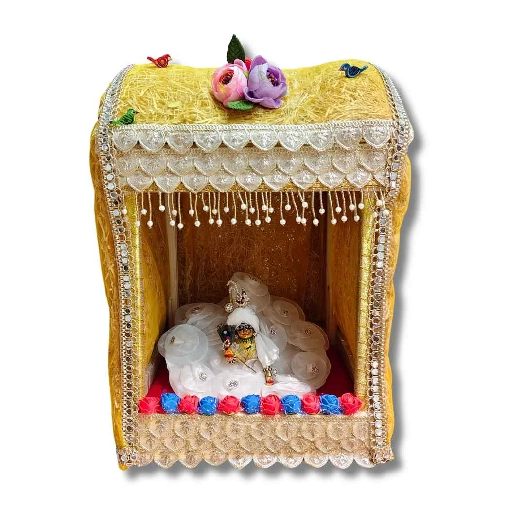 Handmade Wooden Singhasan with Golden Canopy & Floral Decor for Laddu Gopal Ji