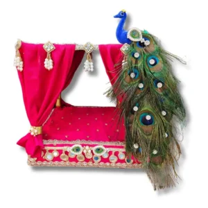 Handmade Royal Mayur Canopy Bed (10 inch) with Peacock Feather Trail & Pearl Drops for Laddu Gopal Ji