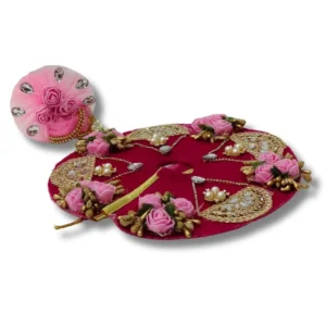 Deep Pink Silk Poshak with Soft Foam Rose Bunches, Mirror Arches & Designer Pagdi for Laddu Gopal Ji