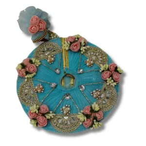 Handmade Sky Blue Pleated Net Poshak with Pink Rose Clusters,