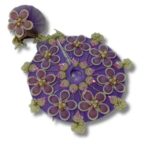 Lavender Purple Pleated Net Poshak with Pearl-Bordered Resin Flowers, Jhumki Tassels & Matching Pagdi for Laddu Gopal Ji