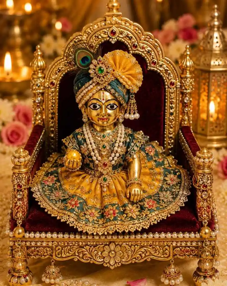 Handcrafted Wooden Laddu Gopal Singhasan Carved Sheesham Wood