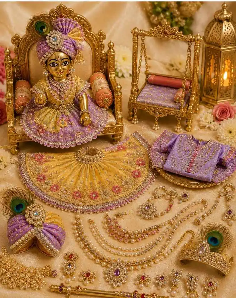 Gold Finish Kundan Pearl Mukut Haar Shringar Jewellery Set for Laddu Gopal